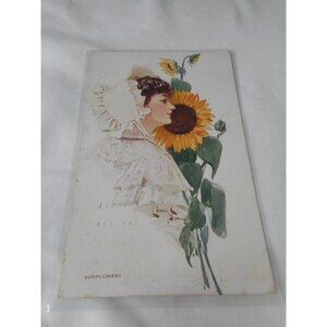 Vintage Postcard woman 1911 posted w/ stamp pretty lady Sunflower